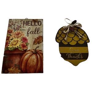 Lot Of 2 Fall Wooden Signs Wall Decor New Hello Fall Give Thanks Thanksgiving